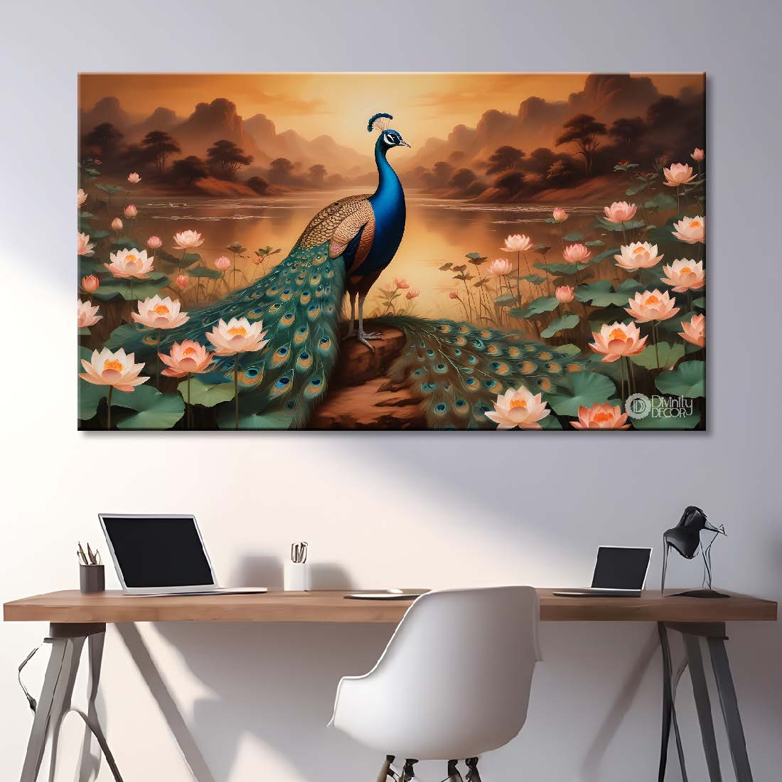 Peacock with white lotus in brown background textured art. - Design - Animal -84