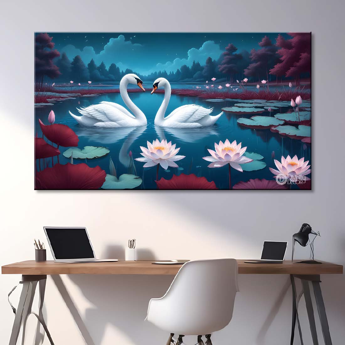 Two white Swans in the pond in blue textured background art. - Design - Animal - 85