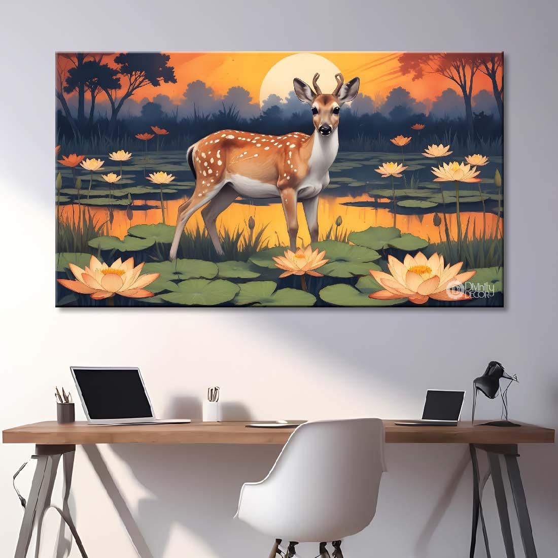 Deer with lotus in sunrise textured art.- Design - Animal -86