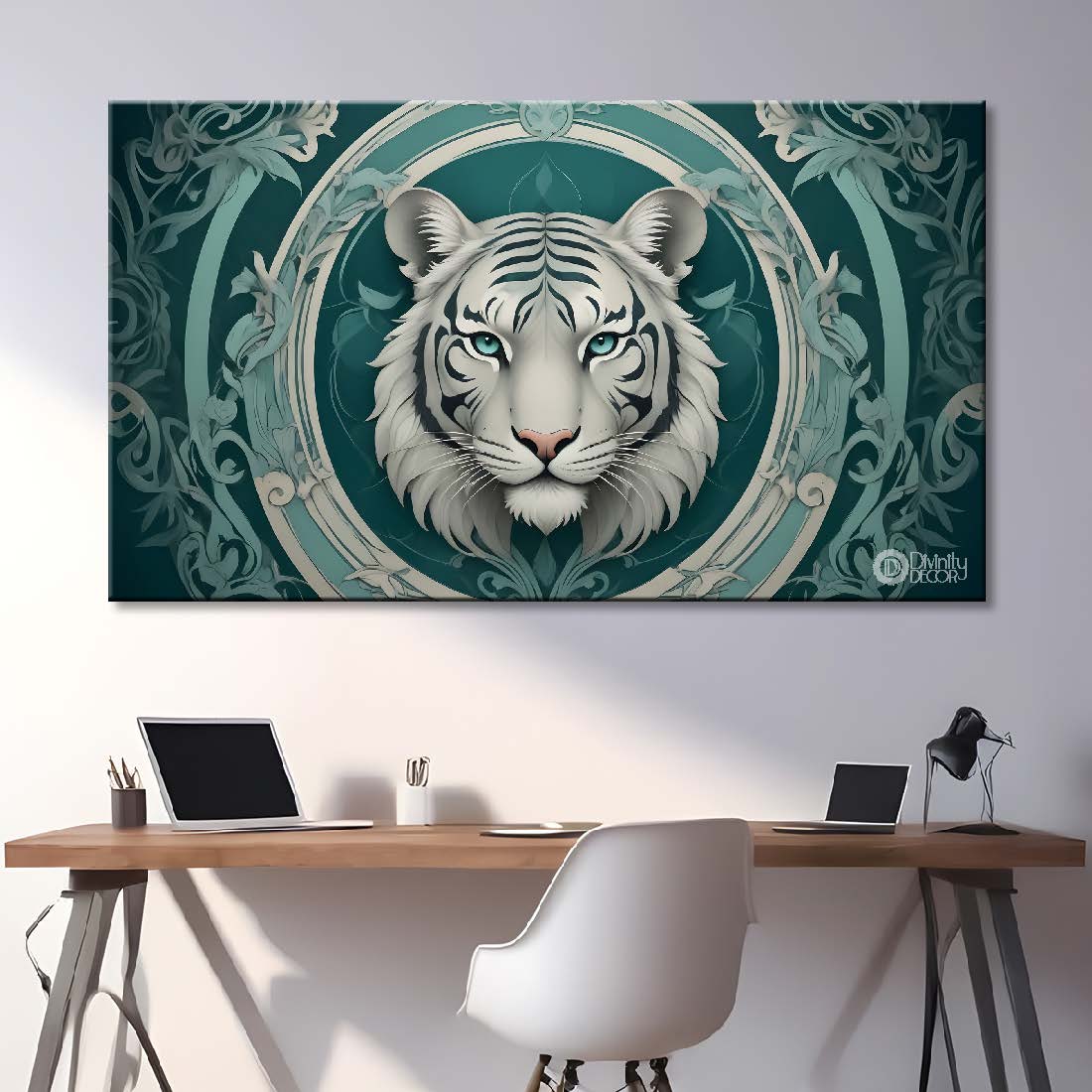 White tiger face in green textured background art.- Design - Animal -87