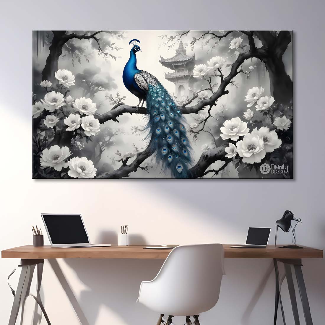 Peacock on the branch with white flowers background textured art. - Design - Animal -89