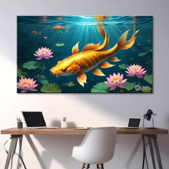 Gold fish in the pond with lotus in textured art. - Design - Animal - 90