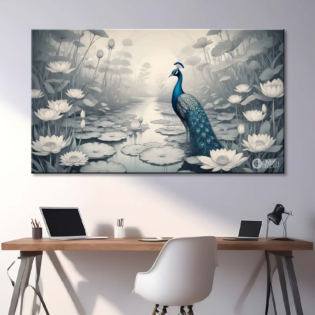 Peacock with white flowers in fog background textured art. - Design - Animal -91