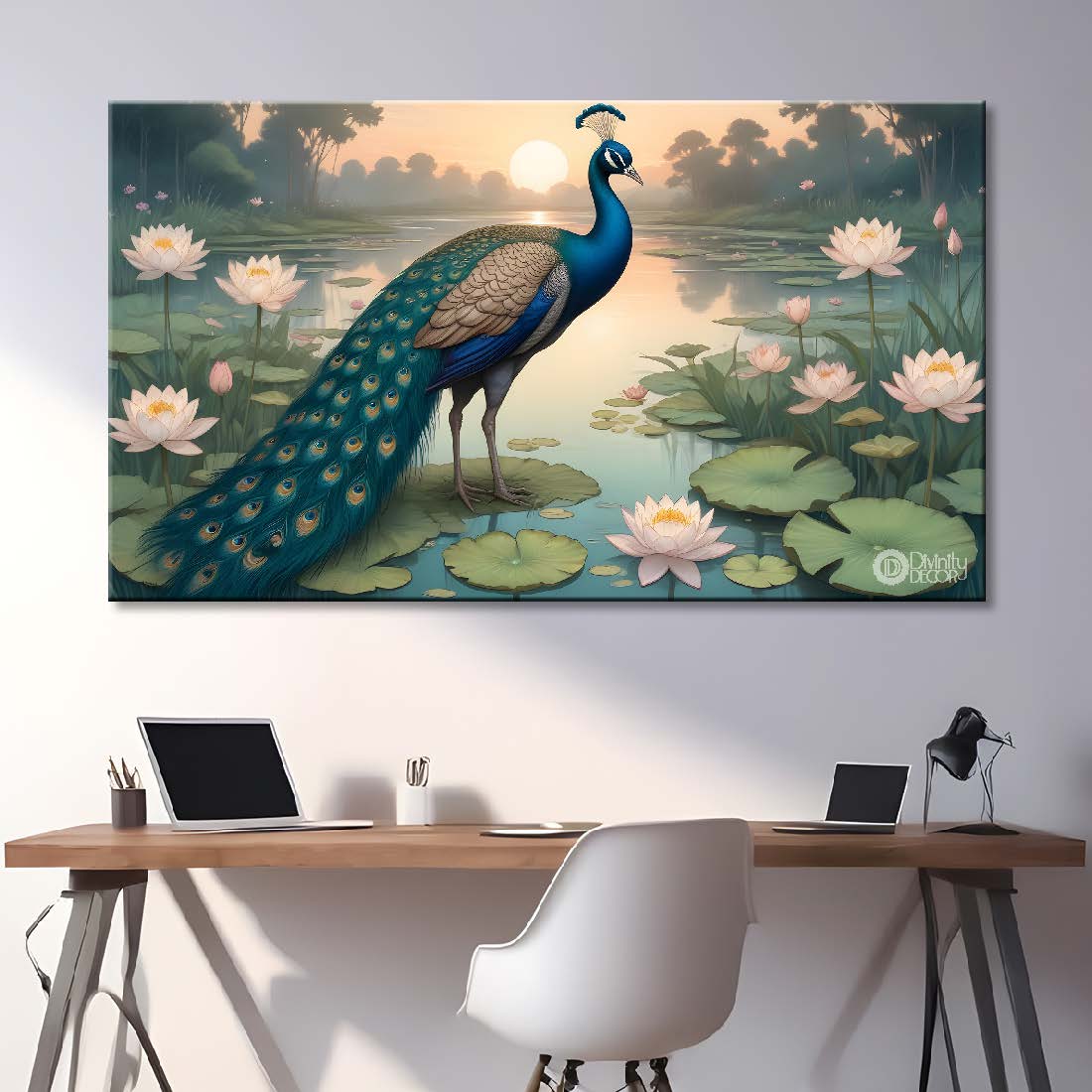 Peacock on the pond in a fog background textured art.- Design - Animal -92