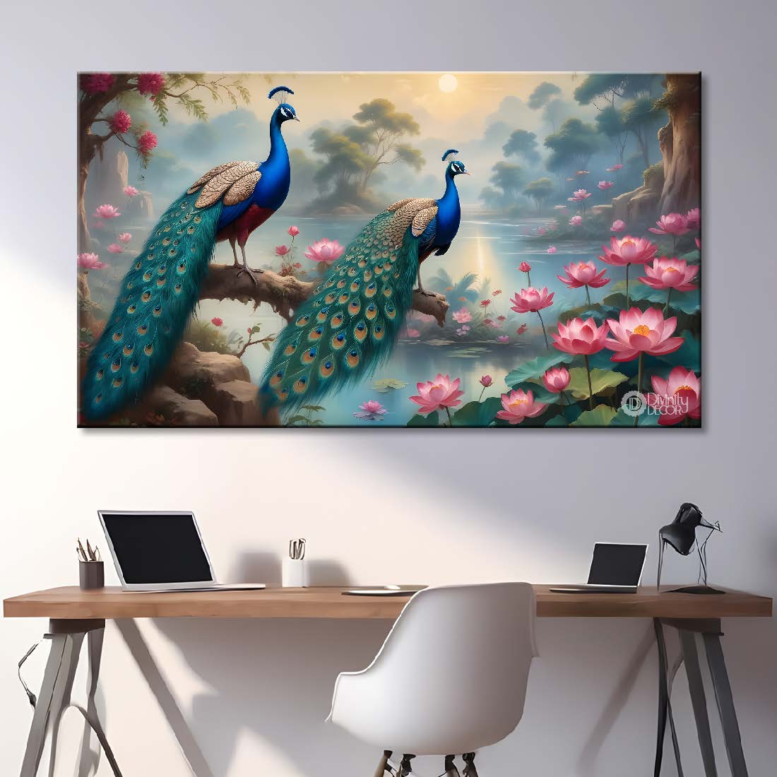 Two peacocks on the branch with lotus in textured art.- Design - Animal -95