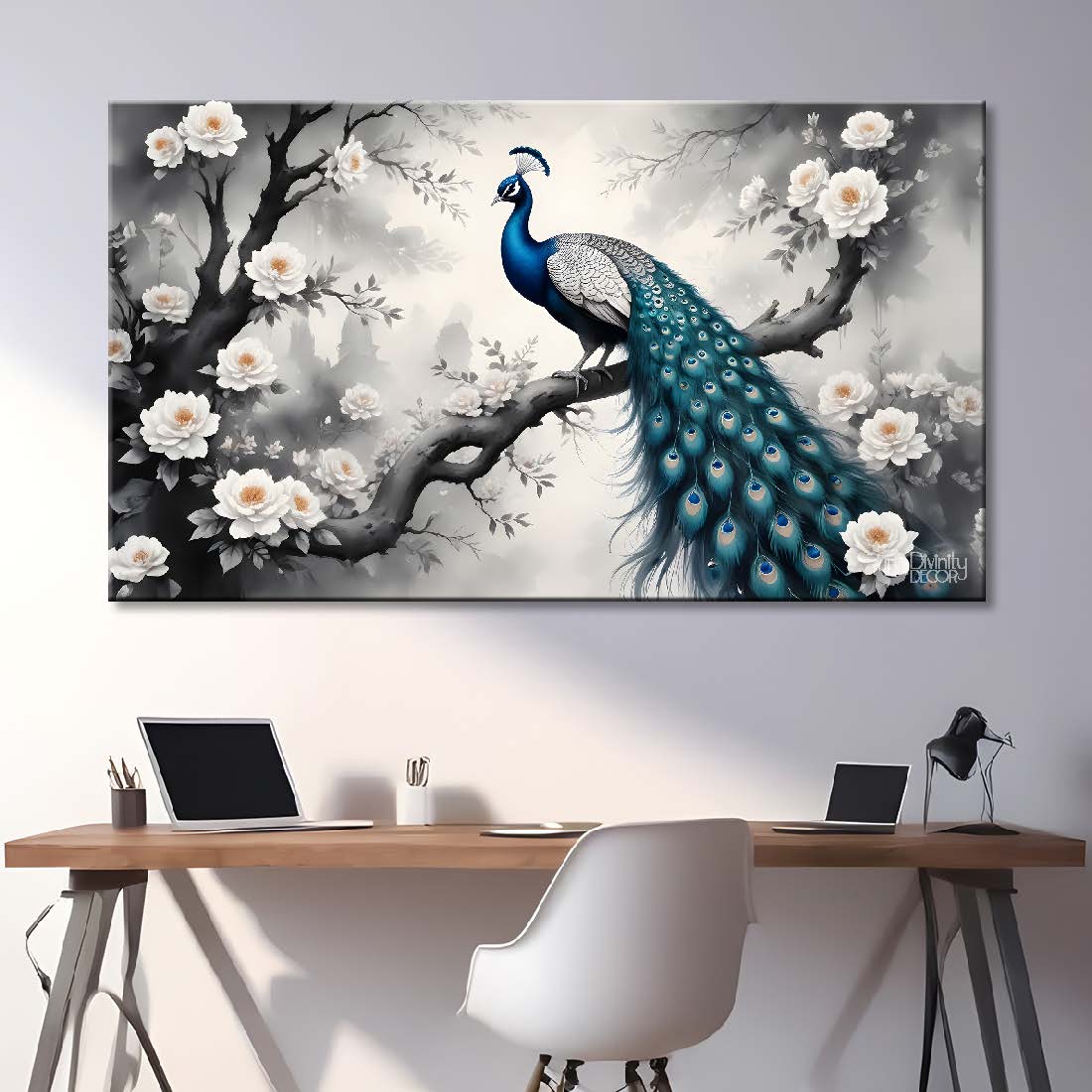 Peacock sitting on the branch with white flowers in fog background textured art.- Design - Animal -96