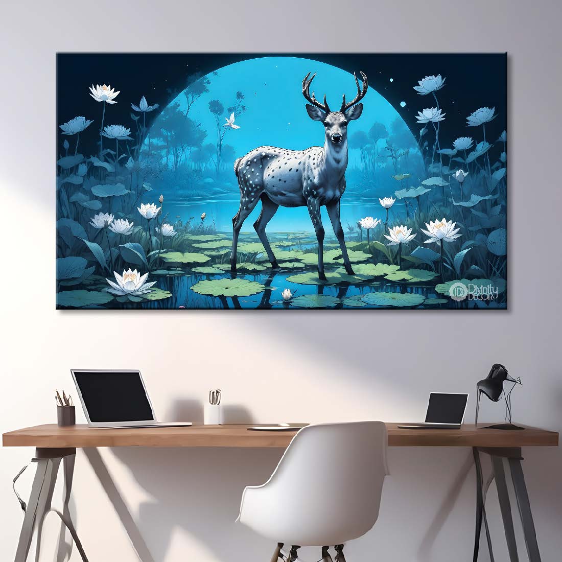 Deer with white lotus in blue background textured art.- Design - Animal -97