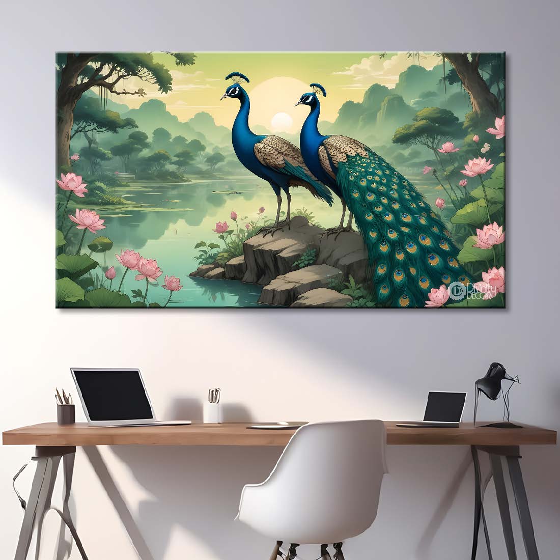Two peacocks with lotus in green background textured art. - Design - Animal -99
