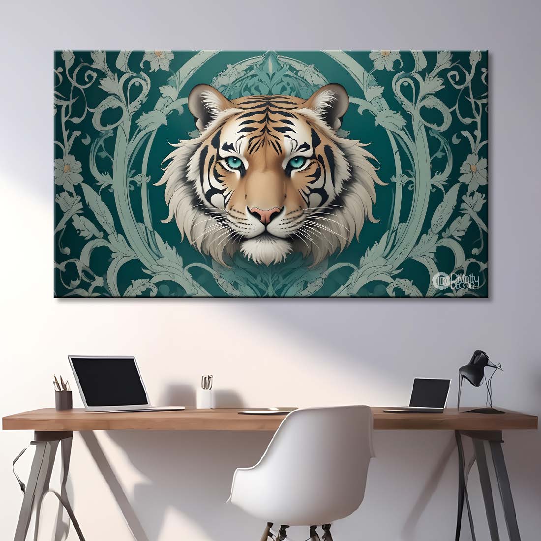 Tiger face with green background textured art.- Design - Animal -100