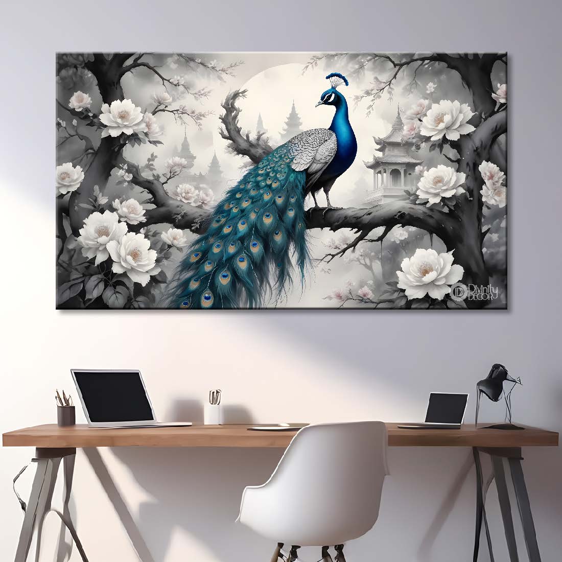 Peacock sitting on the branch with white flowers in fog background textured art. - Design - Animal -101
