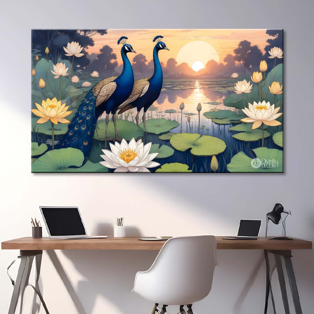 Two peacocks in the pond with sunrise background textured art - Design - Animal -104