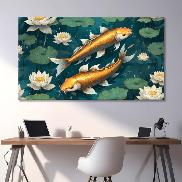 Two gold fishes in the pond textured art - Design - Animal -105