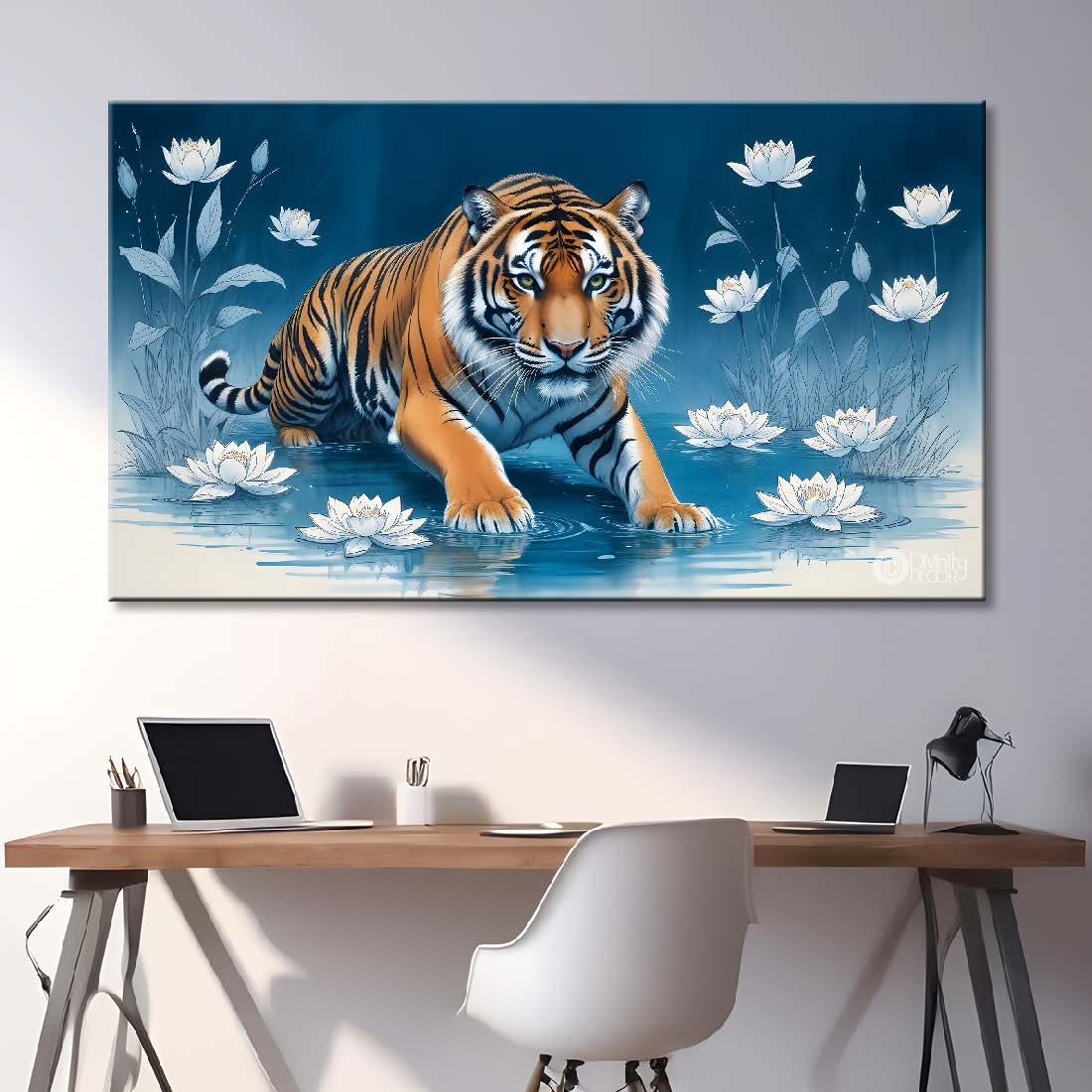 Tiger with white flowers in blue textured art.- Design - Animal -109