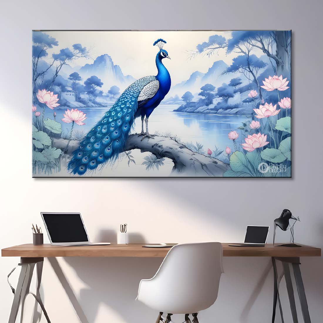 Peacock on the branch with pink flowers and village background textured art. - Design - Animal -110