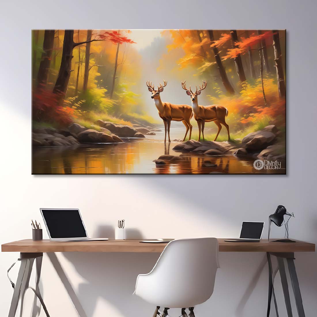 Deer with the orange trees and lake textured art..- Design - Animal -111