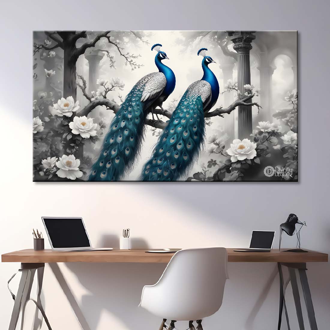 Two peacocks on the branch with white flowers in a fog background textured art - Design - Animal -113