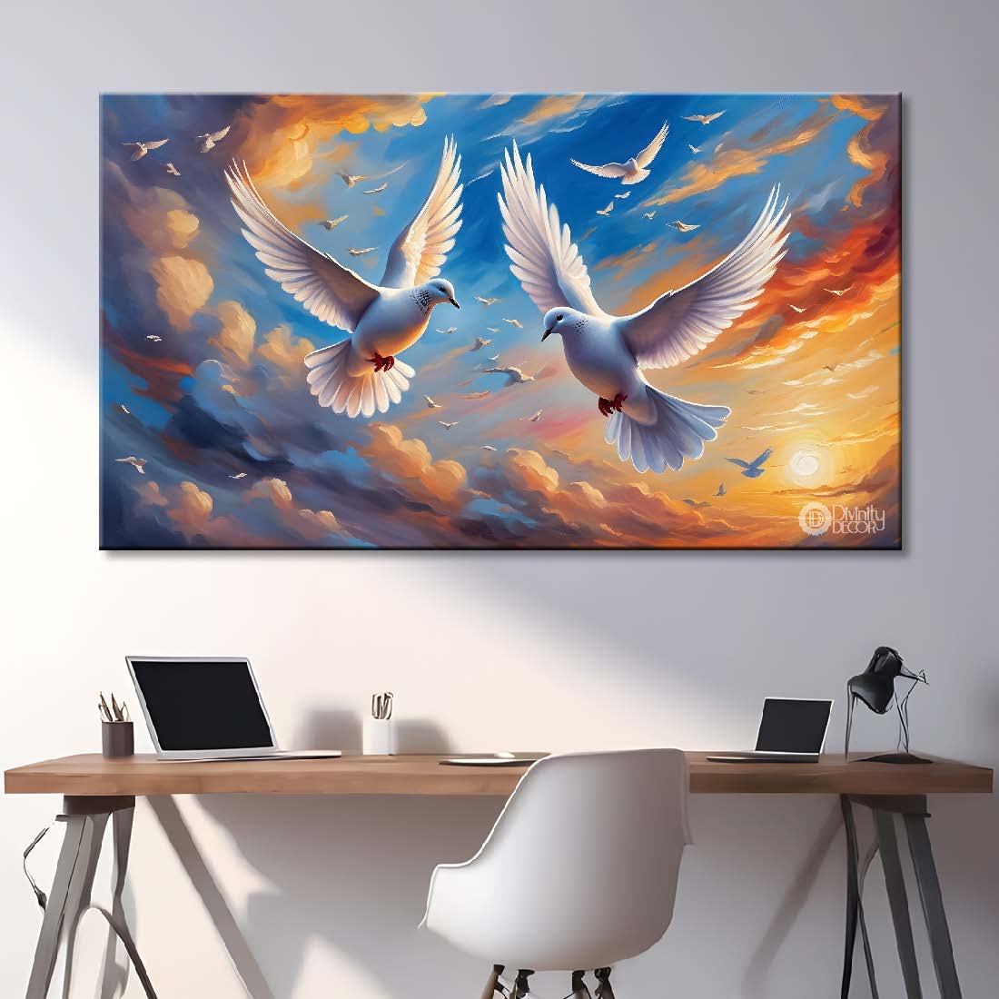 White pigeon flying in the cloudy and colorful sky background art. - Design - Animal - 115