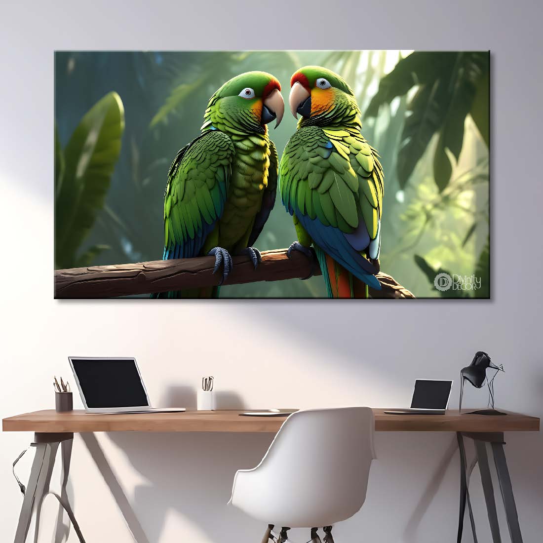 Green parrots on the branch textured art. - Design - Animal - 117