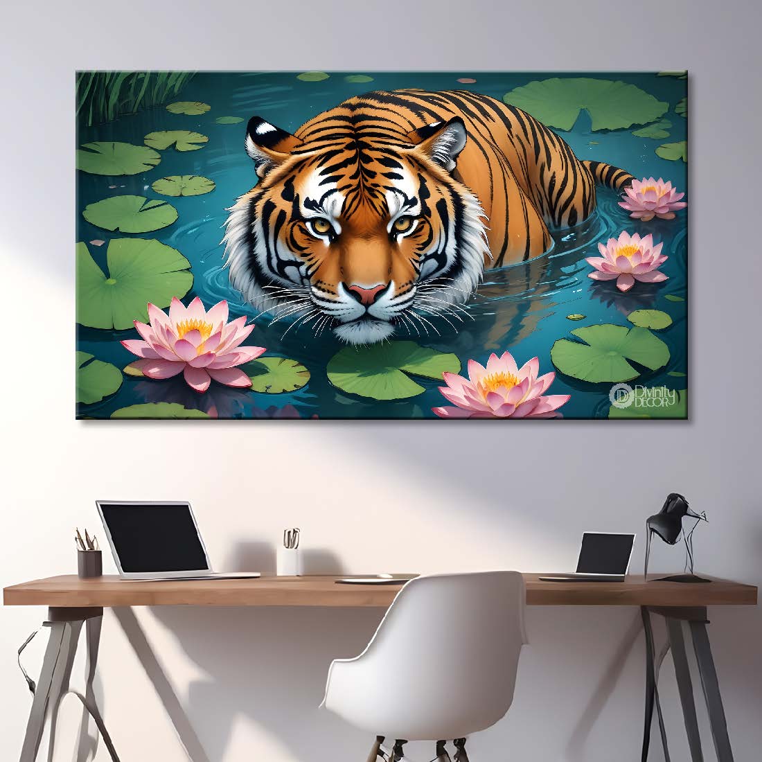 Tiger in the pond with lotus textured art.- Design - Animal -119