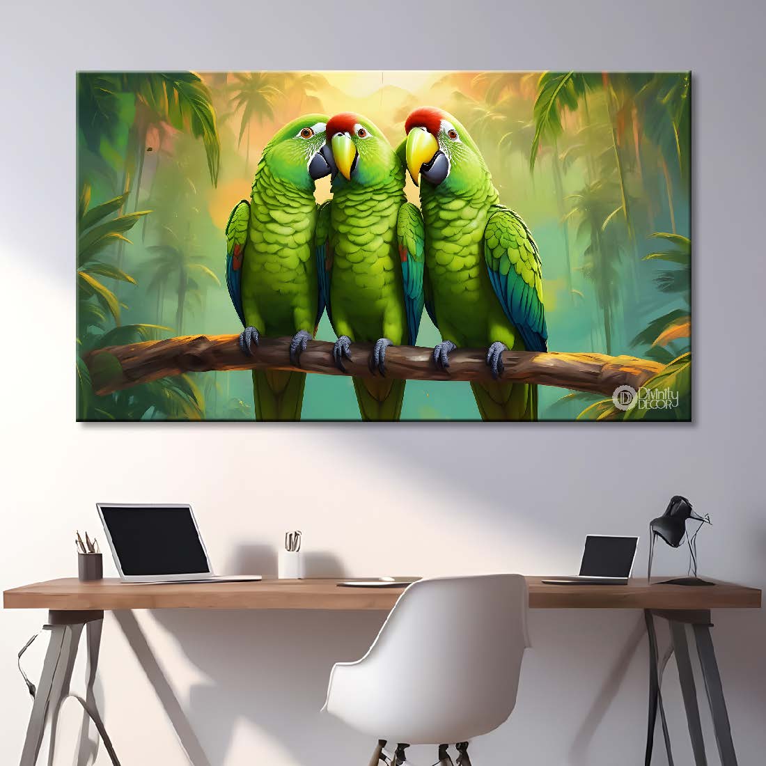Three green parrots on the branch textured art. - Design - Animal - 121