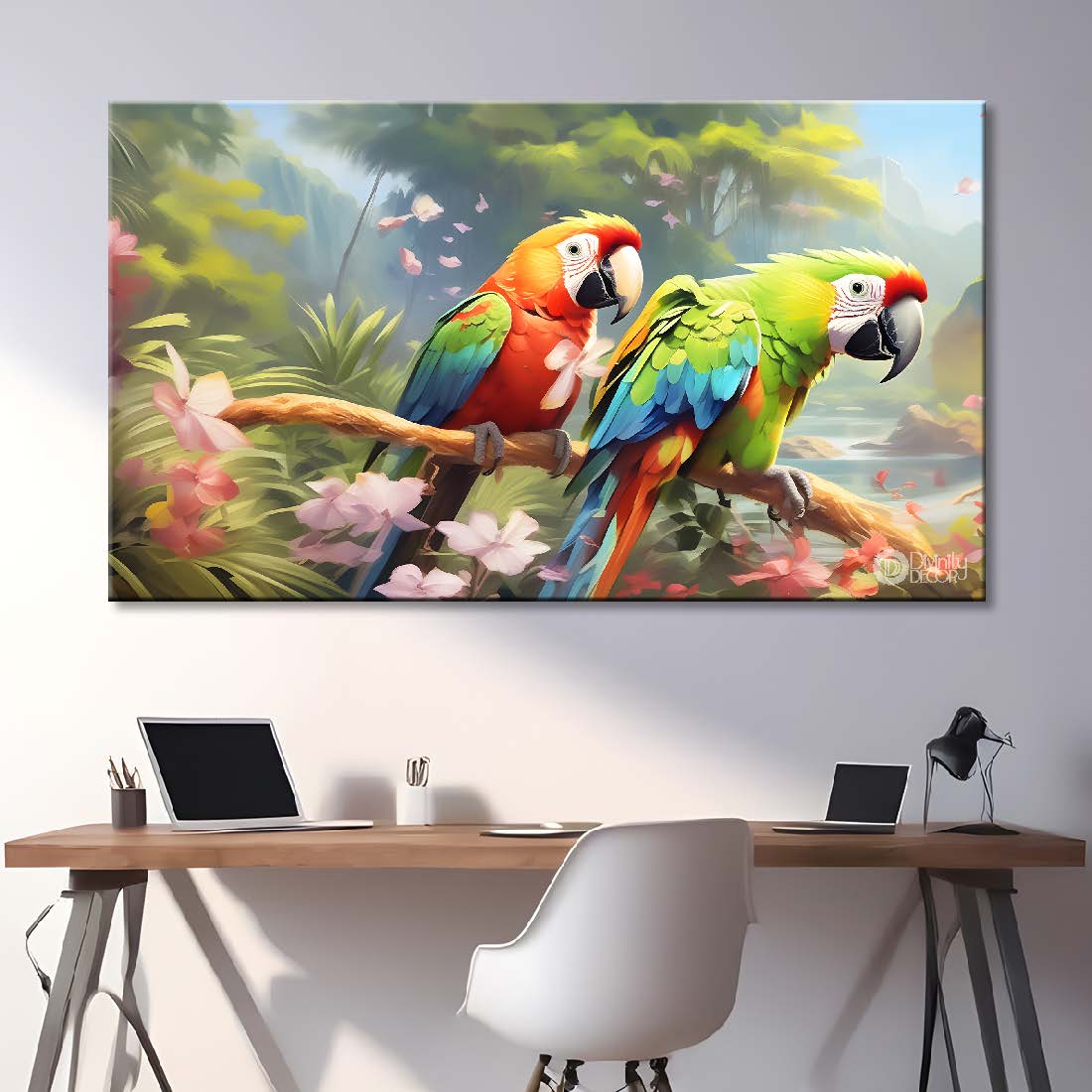 Parrots on the branch wit h green textured art. - Design - Animal - 122