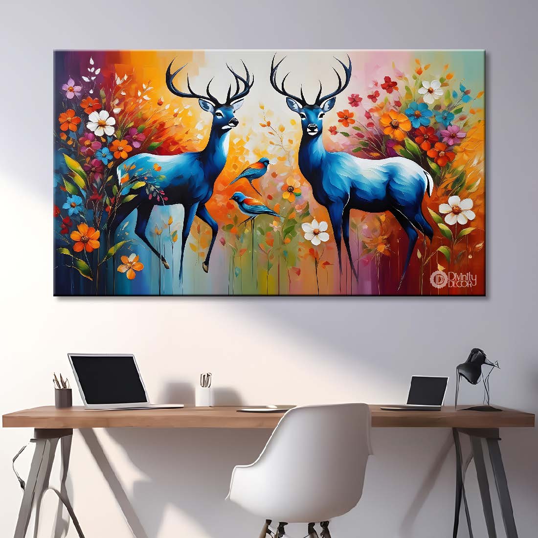 Two deer with flower and colorful background textured art.- Design - Animal -123