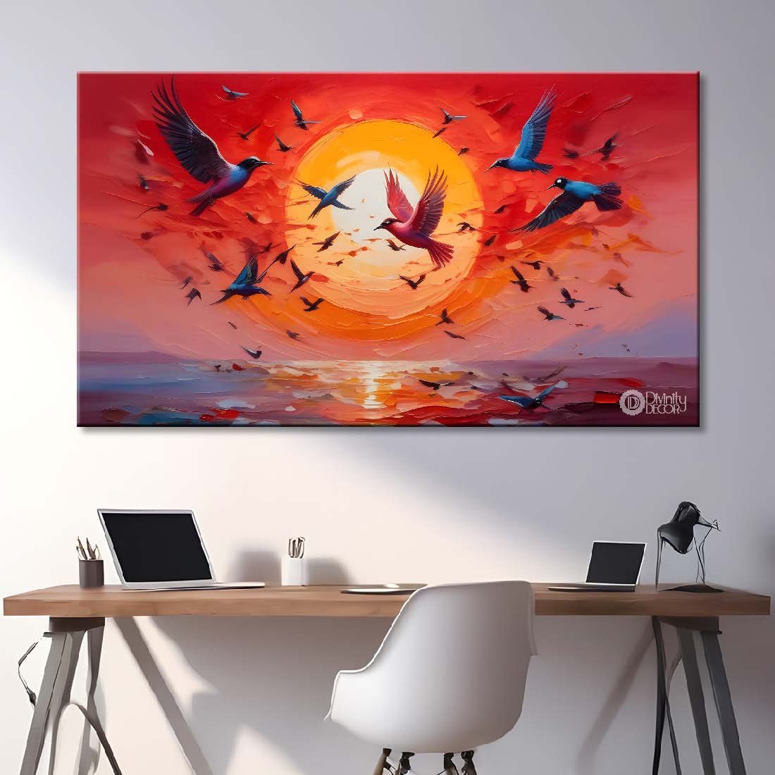 Birds flying in the sky with sunrise background textured art. - Design - Animal - 125