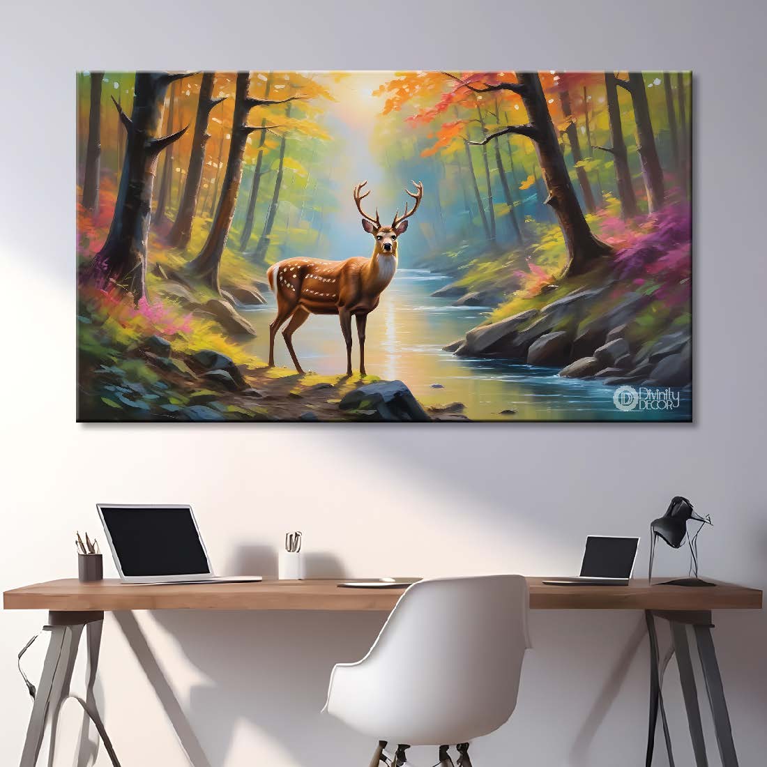 Deer with the orange trees and lake textured art.- Design - Animal -126