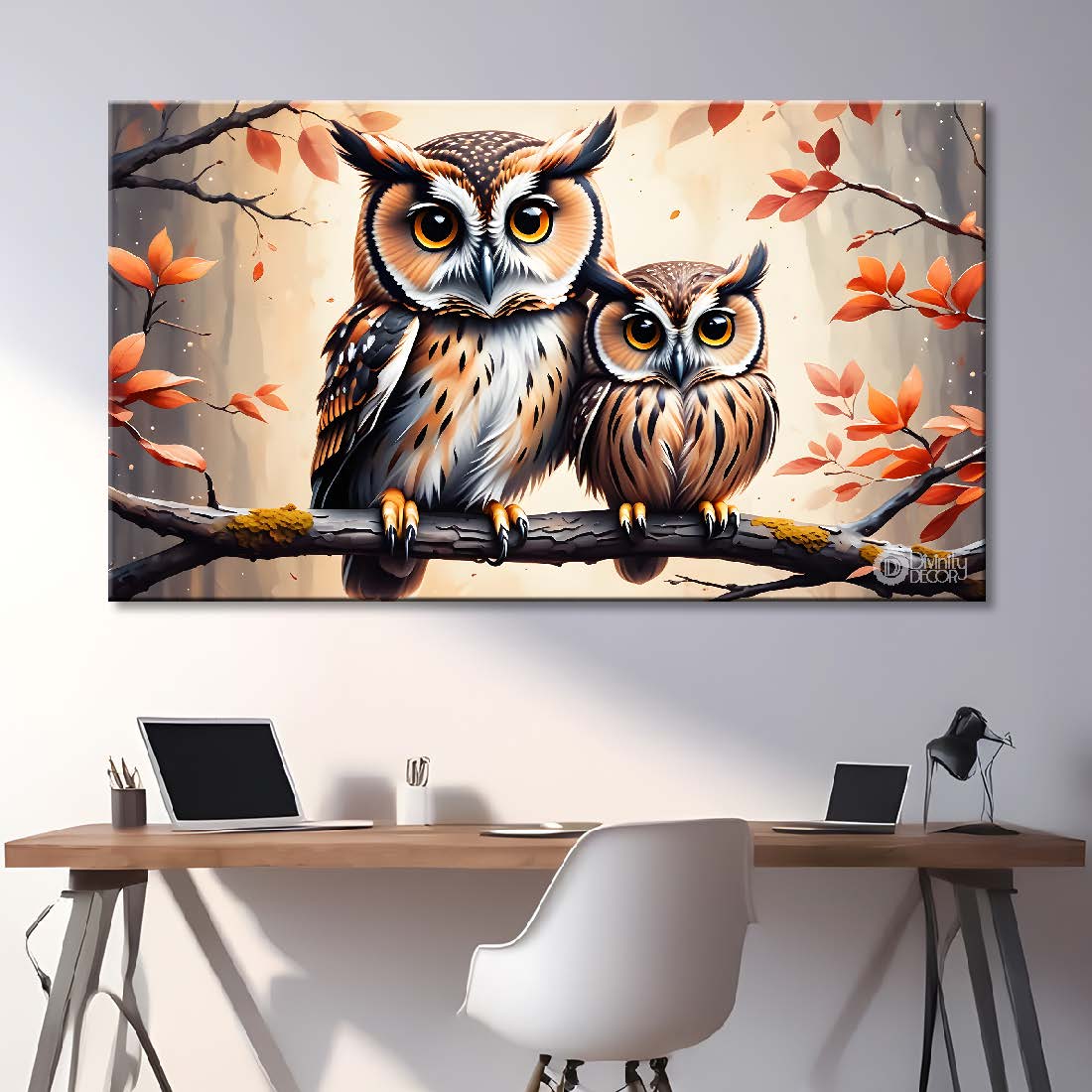 Two owls on the branch with orange flowers in grey background textured art. - Design - Animal - 127