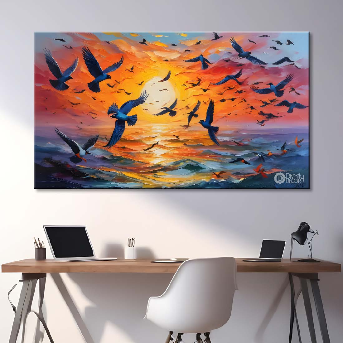 Birds flying in the sky with sunrise background textured art. - Design - Animal - 130