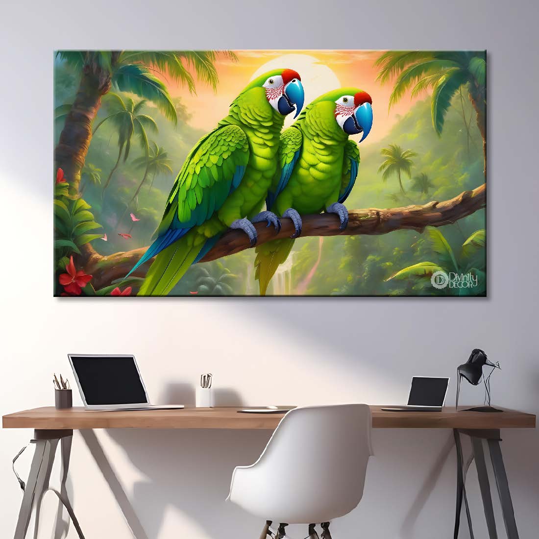 Two green parrots on the branch in textured art - Design - Animal - 131