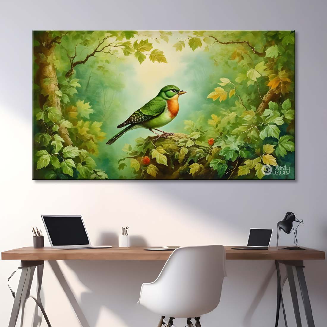 Green bird with trees and green background textured art. - Design - Animal - 132
