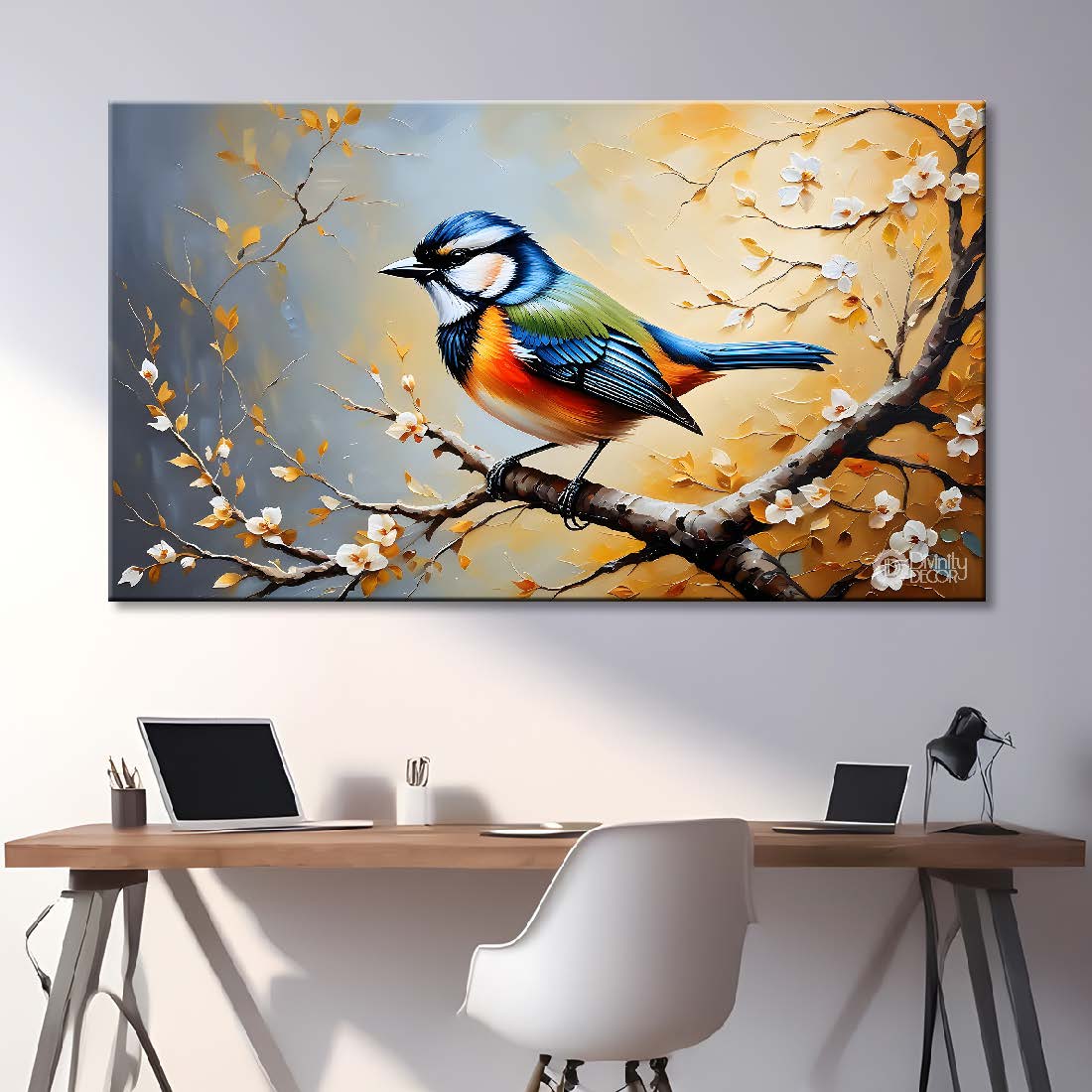 Bird on the branch with green leaves in grey background textured art. - Design - Animal - 134