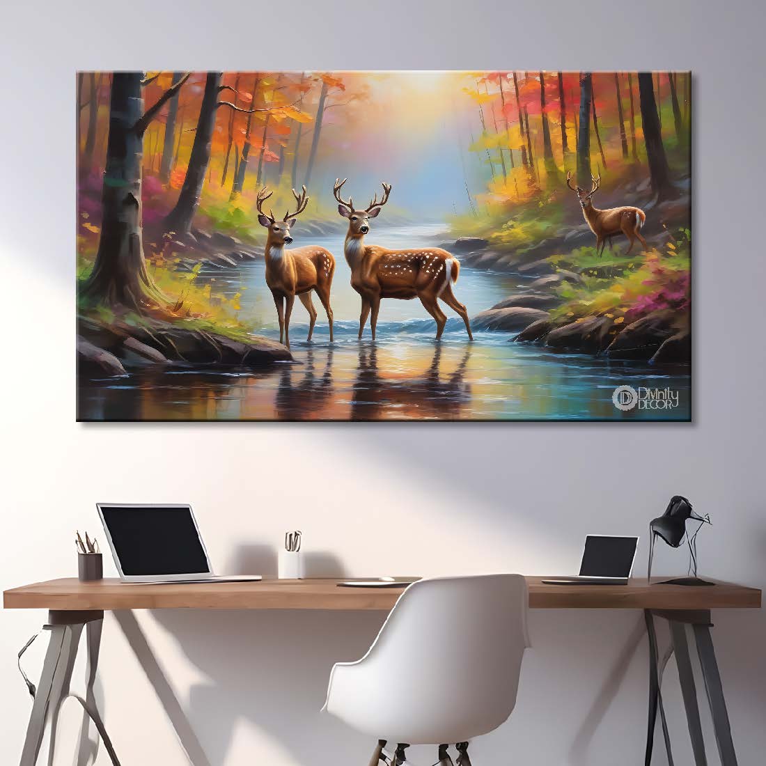 Two deer with the lake and trees in textured art.- Design - Animal -136