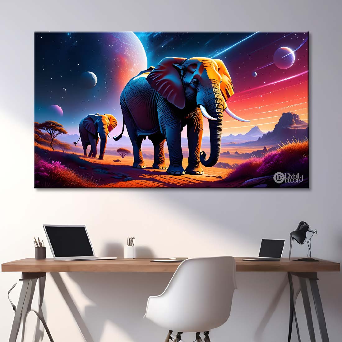 Two elephants with galaxy background textured art.  - Design - Animal - 137