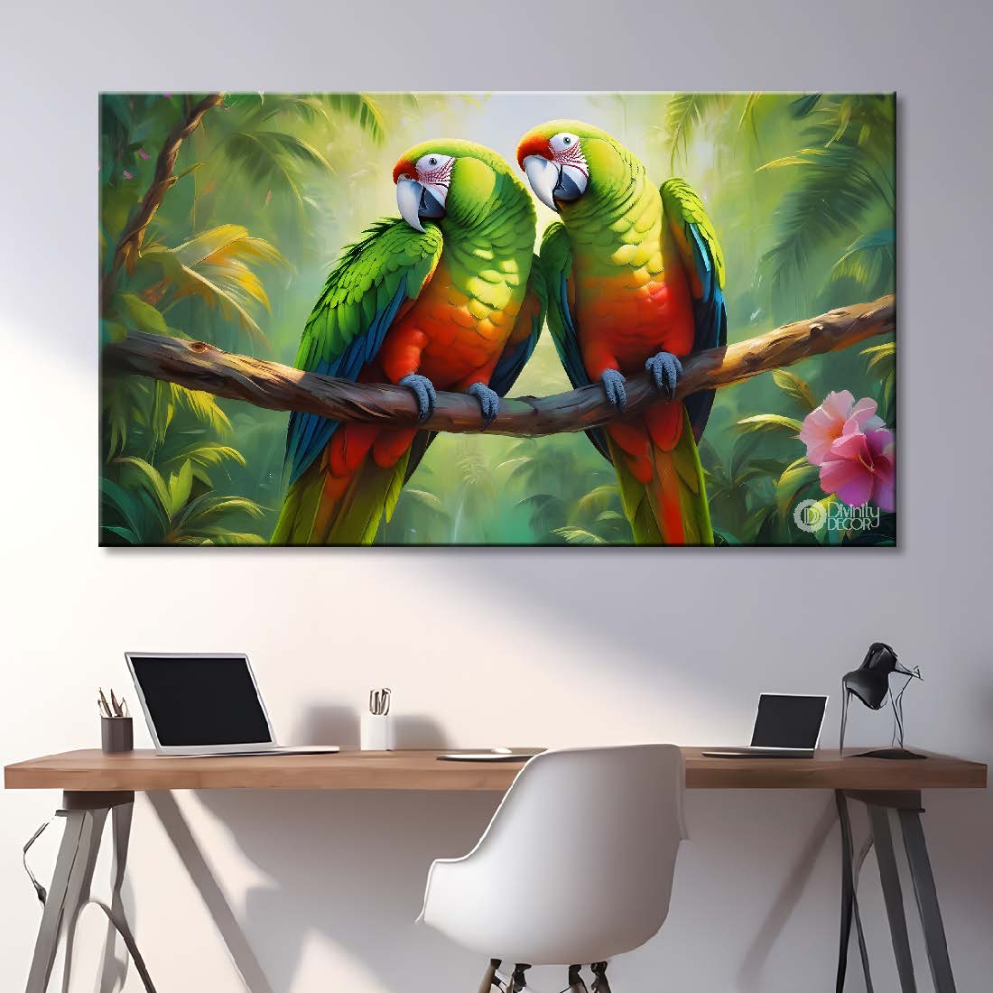 Two parrots on the branch with green background textured art. - Design - Animal - 139