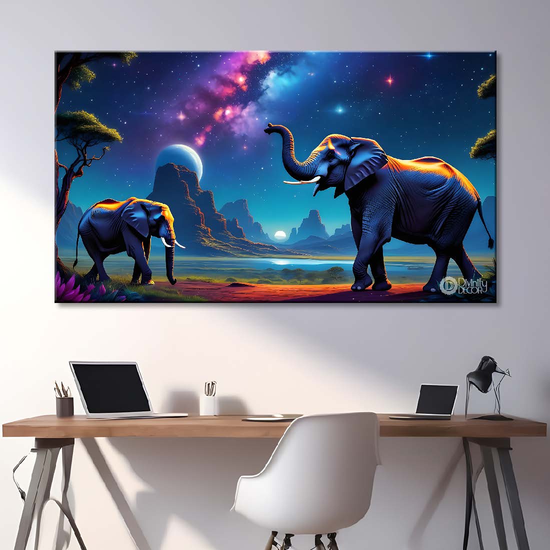 Two elephants with galaxy background textured art.  - Design - Animal - 142
