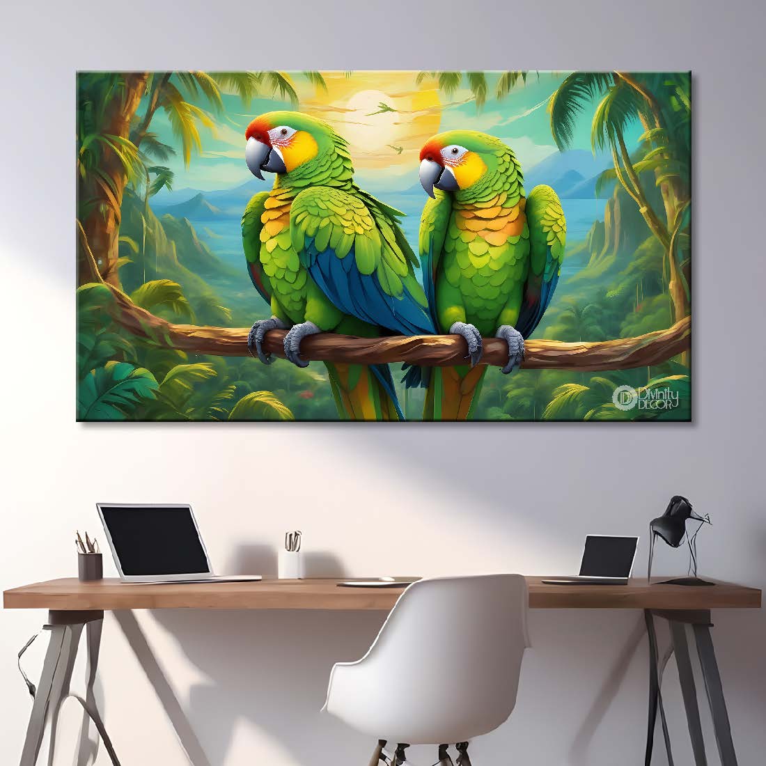 Two parrots on the branch with green background textured art. - Design - Animal - 146