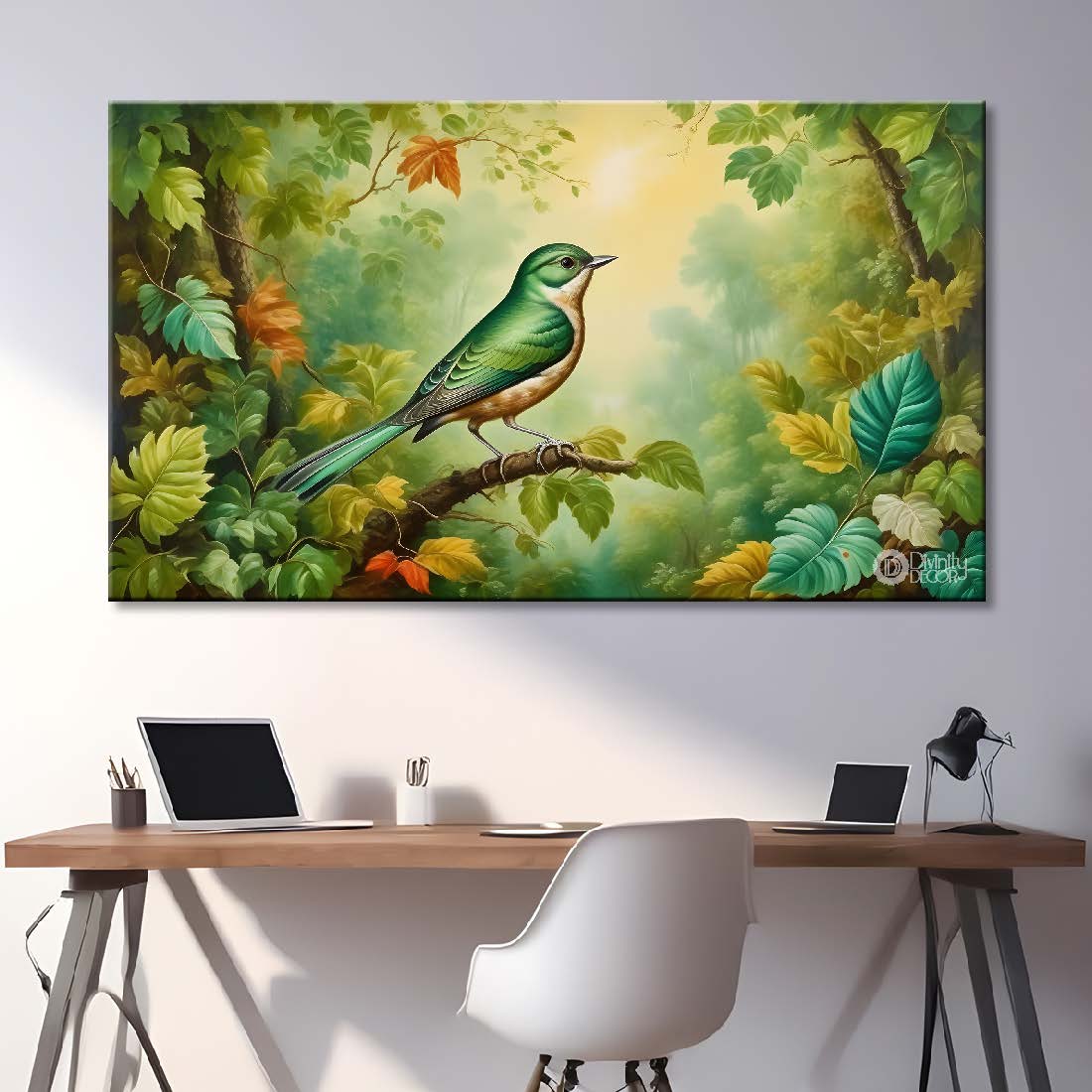 Green bird in green background textured art. - Design - Animal - 147