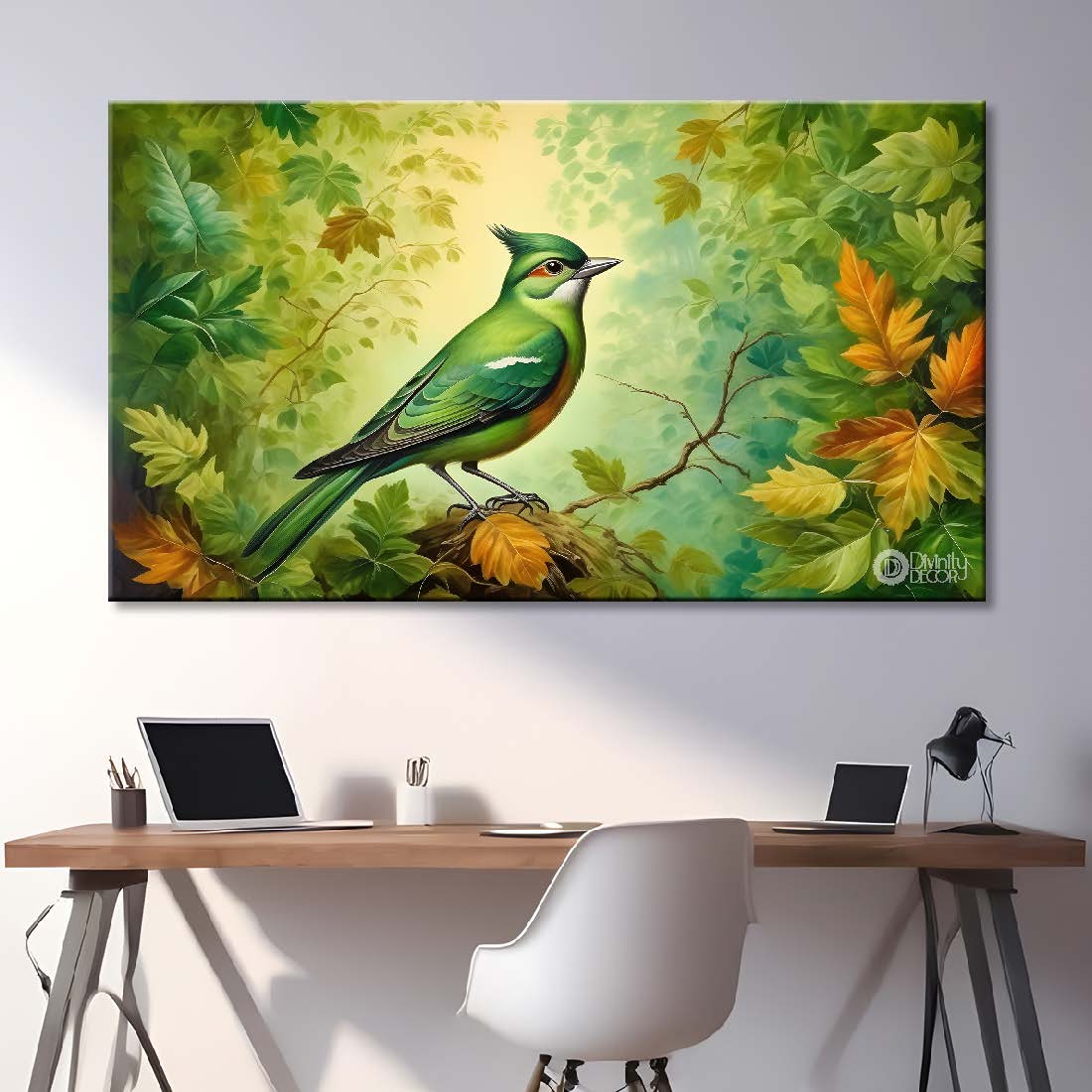 Green bird in green background textured art. - Design - Animal - 148