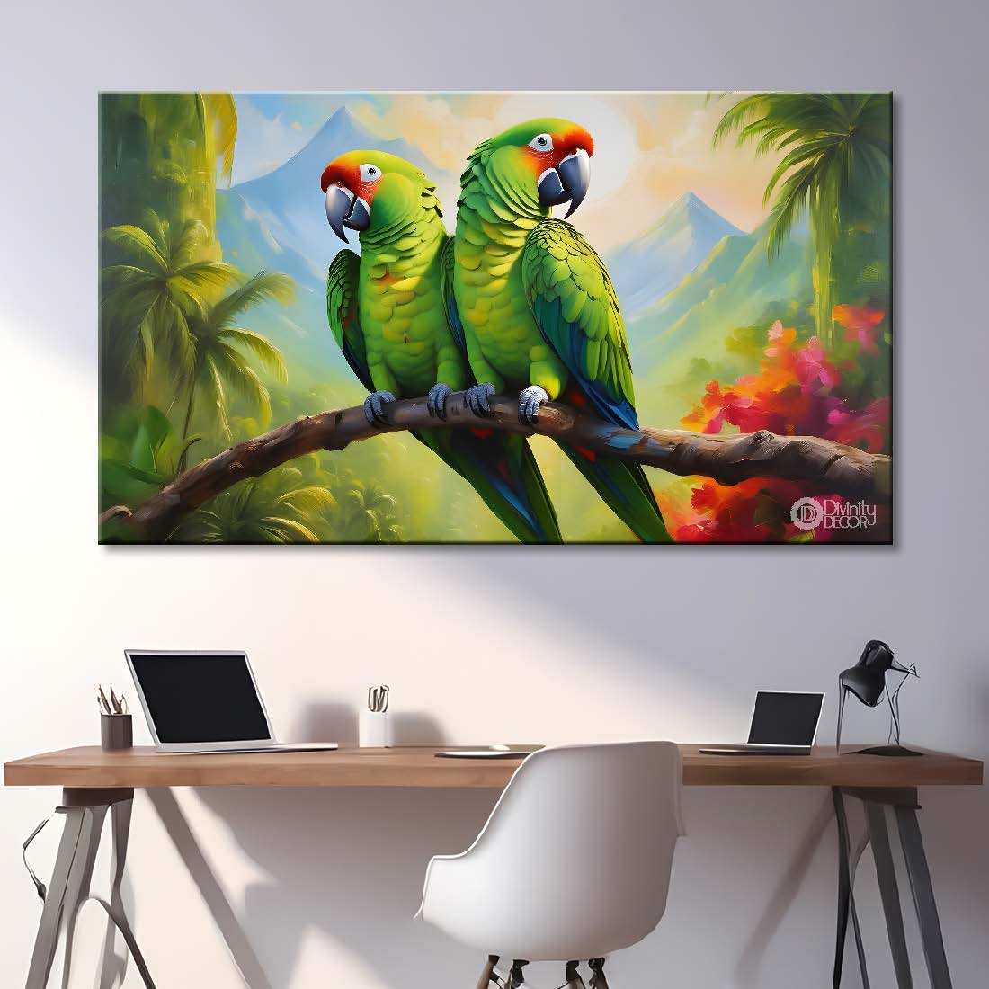 Two parrots on the branch with green background textured art. - Design - Animal - 149