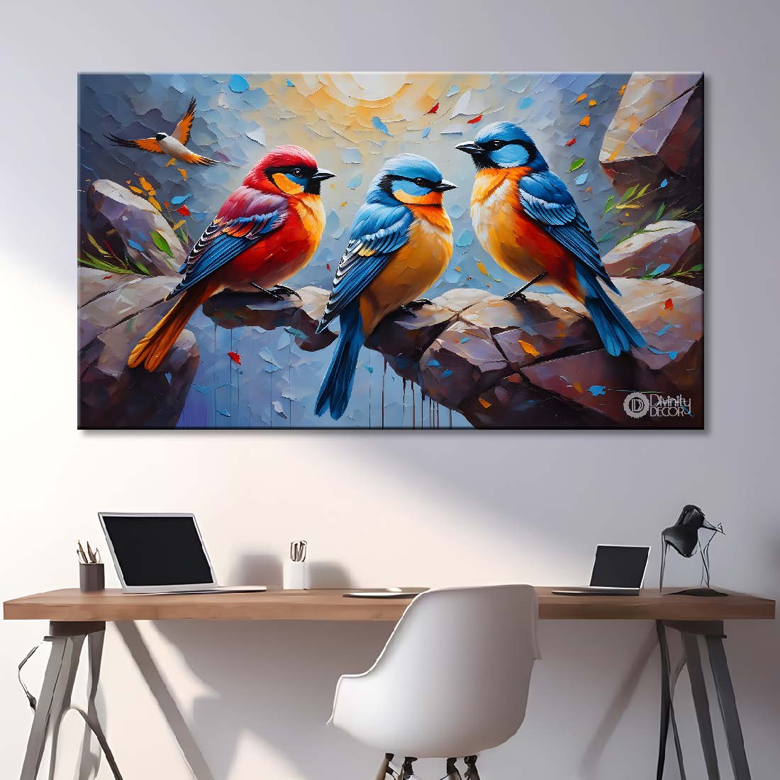 Colorful birds on the rocks in grey background textured art. - Design - Animal - 151