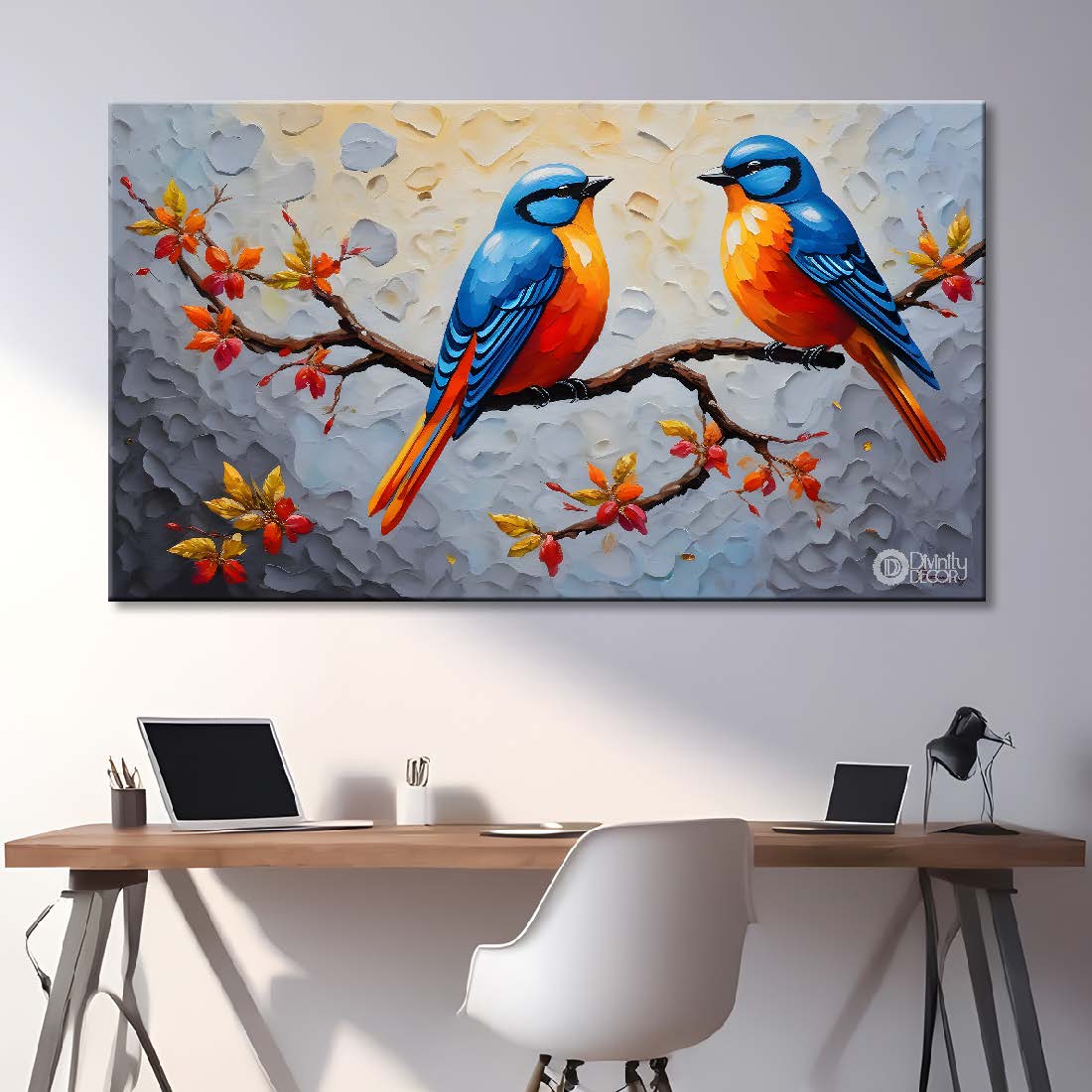 Two birds on the branch in grey background textured art. - Design - Animal - 152