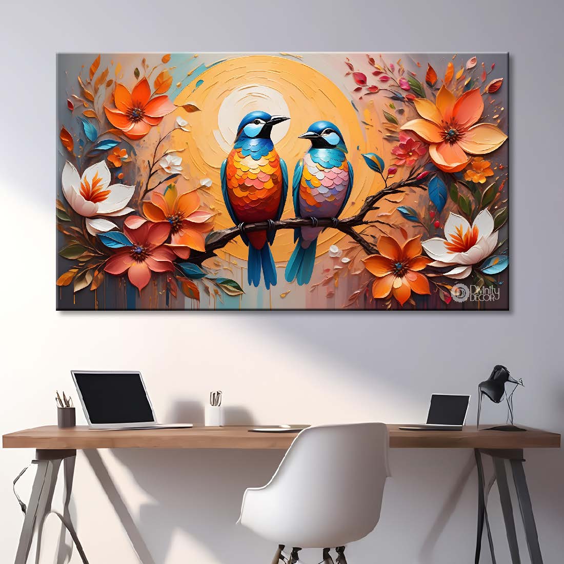 Two birds on the branch with colorful flowers in sunrise background textured art. - Design - Animal - 153