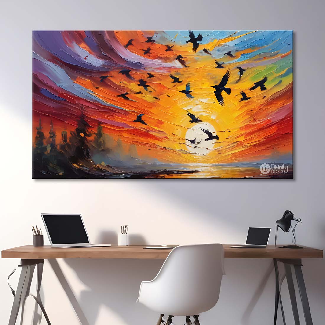Flying birds in the colorful sky with sunrise textured background art.  - Design - Animal - 154