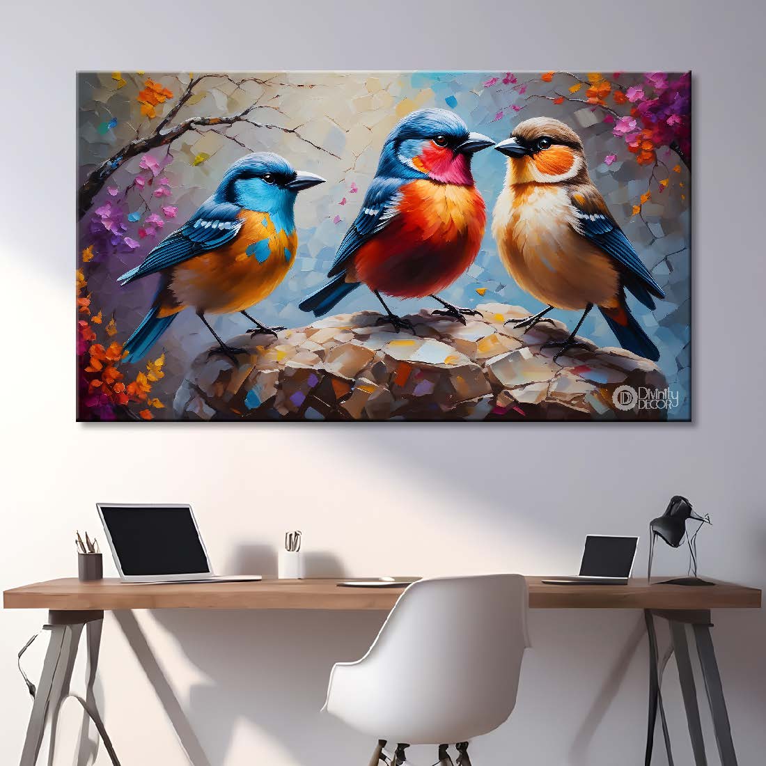 Three birds on the rock with colorful textured background art. - Design - Animal - 155