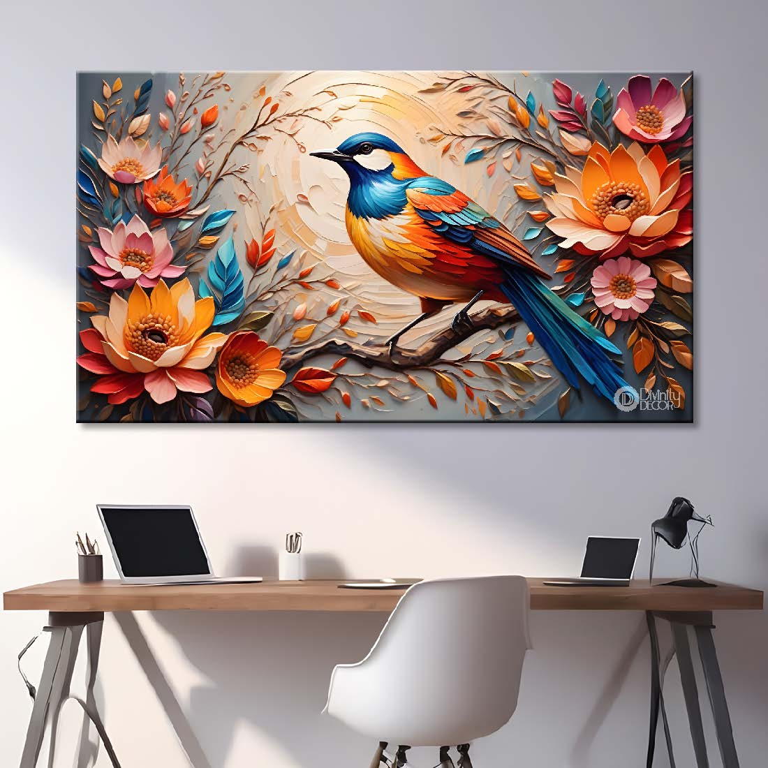 Bird on the branch with colorful flowers in light background art - Design - Animal - 156
