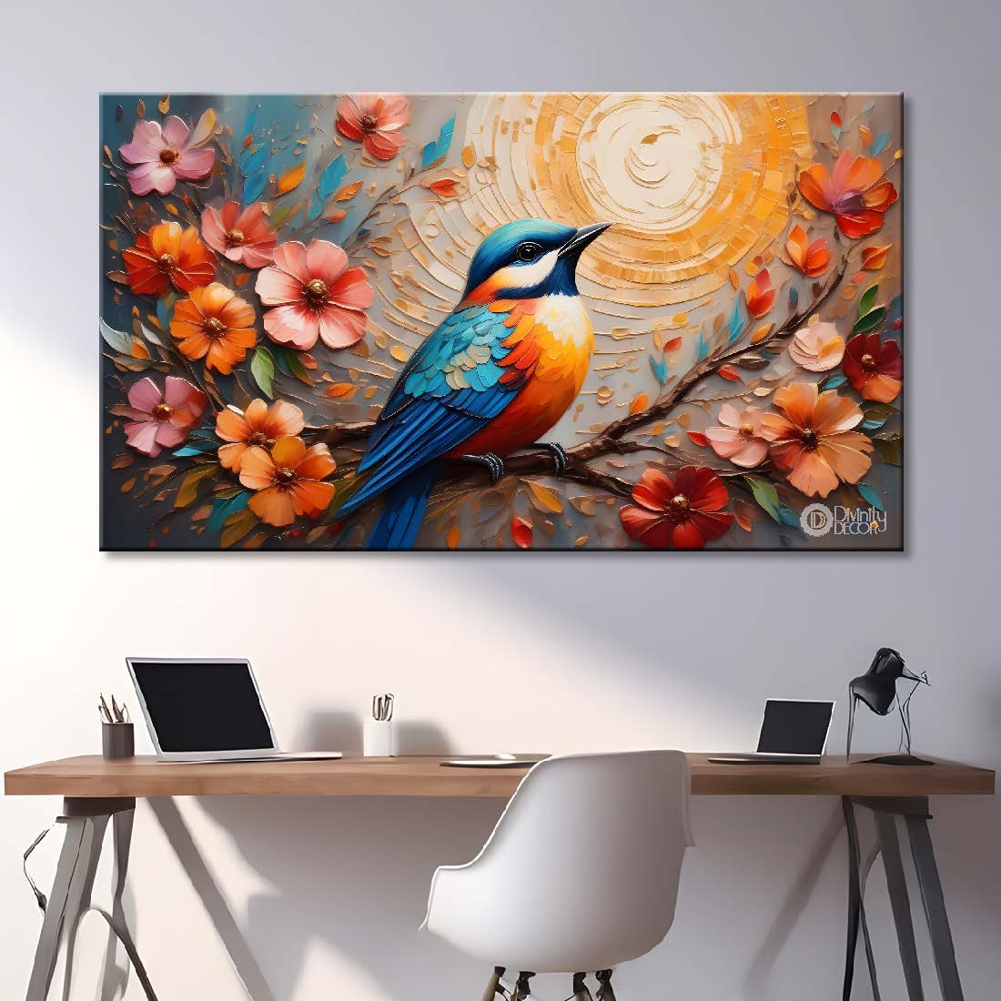 Bird on the branch with colorful flowers in light background art - Design - Animal - 157