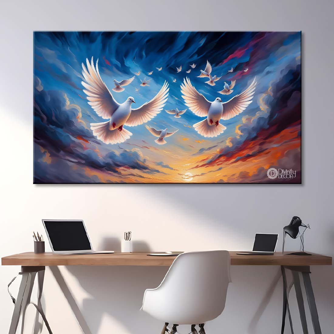 Two white pigeons flying in the sky textured art. - Design - Animal - 158