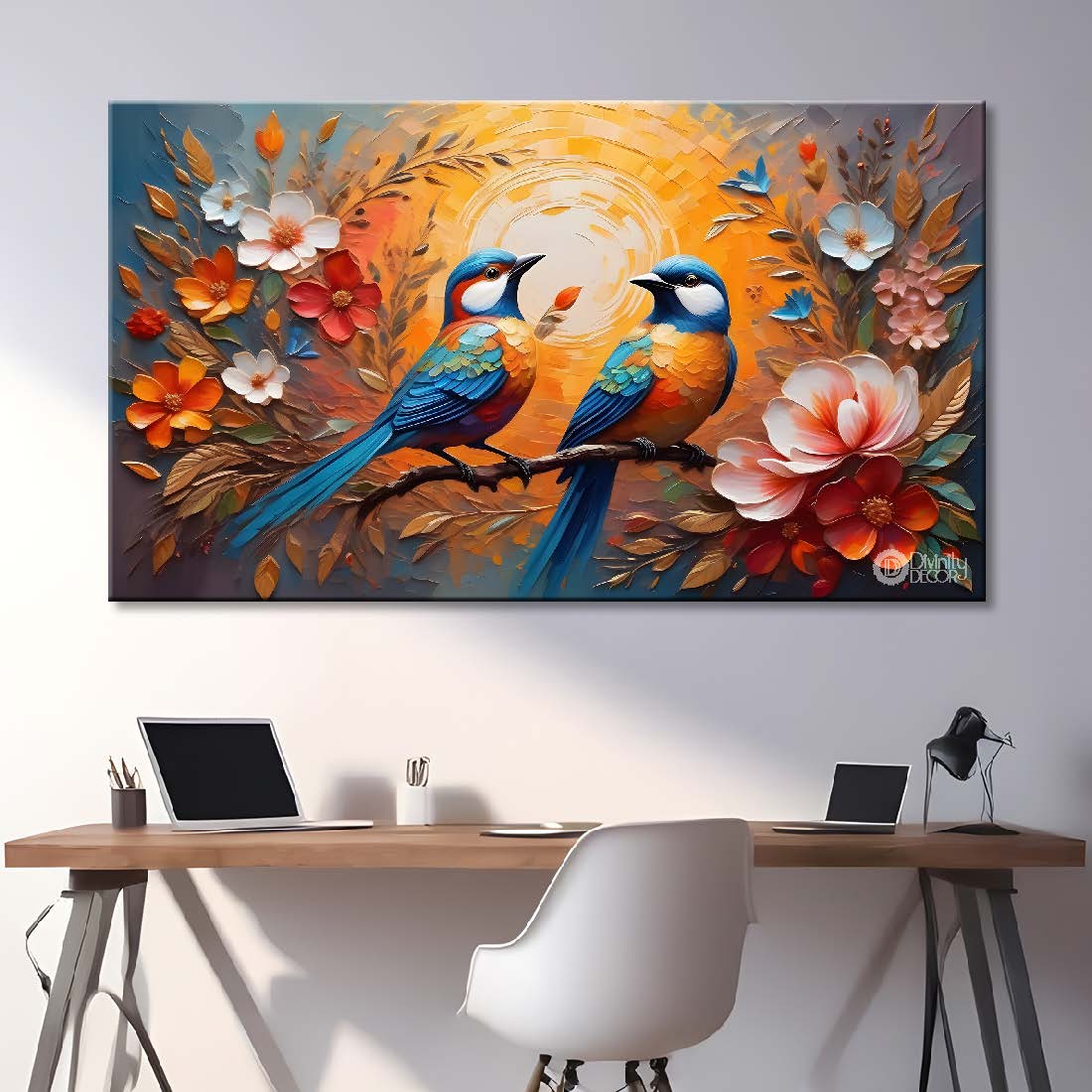 Birds on the branch with colorful flowers in light background art - Design - Animal - 159